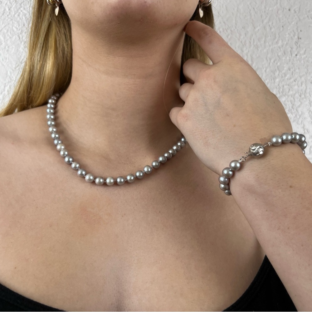 7-8 mm Silver Pearl Necklace & Bracelet